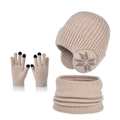 Beige children's winter knit set with fleece-lined earflap hat, scarf, and touchscreen gloves - Three-Piece Set / Beige