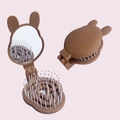 Brown rabbit-eared folding hairbrush with mirror in open and closed compact views - Dark Brown Little Rabbit