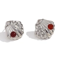 Pendientes de concha en acero chapado en oro 18K con cuentas rojas y circonitas finas - Pendientes de Concha con Rubí - Color Acero / Plateado