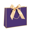 Elegant deep purple paper gift bag featuring golden ribbon bow and woven handles - Gold Frame Purple; Horizontal Extra Small Size 19*15*7 Ribbon Style