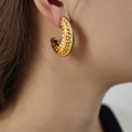French style gold plated titanium steel C-shape earrings with hammered texture - Green Enamel Gold Color / Gold Green