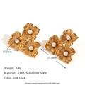 Gold-plated stainless steel flower stud earrings featuring pearls with dimensions display - Three Flower Pearl Stud Earrings Gold