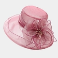 Close-up of pink organza dress hat featuring a large handmade flower with gold beads - Pink