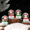 Set of 4 Christmas snow globes with Santa and snowman figures on a rustic wood base - 204# (lights + Snowflakes) / 45# (cardboard Box Packaging)