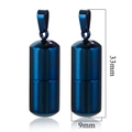 Blue pill capsule pendant detail with measurements showing 33mm height and 9mm diameter - Blue