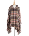 Mantella con cappuccio a quadri con frange su manichino, design in maglia multicolore - Quadri caffè scuro