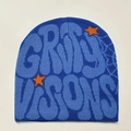 Dark blue knitted beanie featuring light blue GRIMY VISIONS jacquard text and orange stars - Light Blue