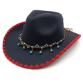 Western felt fedora hat in black with red braided edge and turquoise beaded band - M (56-58cm) / Black