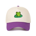 Two-tone trucker hat in cream and purple featuring frog and lotus leaf embroidery - Off-White and Purple