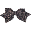 Close-up of a sparkling black glitter bow hair clip showing textured shiny material - Black