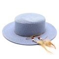 Detail of light blue flat top straw hat featuring brown cord beads and feathers - M (56-58cm) / Sky Blue