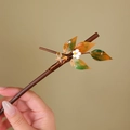 Bamboo style wooden hair pin with white flower and yellow butterfly charm detail - Butterfly Yellow Leaf (S393)