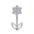 Silver flower belly ring with clear cubic zirconia petals and marquise leaf design - Six Petal Flower Zirconia (2927白锆)