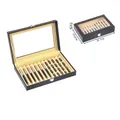 Black leather pen display box with 12 slots, clear window and silver metal lock closure - 12-Slot Pen Box (Black/Beige)