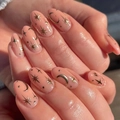 Short oval press-on nails with pink gradient and golden star and moon pattern - Starry Moon Theme CW07 (Black Jelly Glue)
