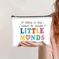 Detail of canvas makeup bag with teacher appreciation quote and durable black zipper closure - Shape Little Minds Floral Style (jiayingpbb0126)