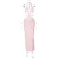 Dettaglio dell'abito in maglia rosa con scollo all'americana e trama all'uncinetto - S / Rosa