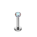 Macro detail of silver stainless steel labret stud with iridescent zircon stone inlay - 1.2*6*4 / AB Zircon