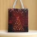 Close-up of a festive red Christmas canvas tote bag with a golden tree and snowflake prints - Style 12
