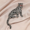 Cheetah brooch with grey rhinestones, black square crystals and red eyes on silk - Style A Leopard