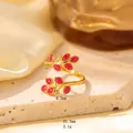 Golden flower leaf open ring with red glitter inlay and adjustable 21.3mm diameter - Adjustable Open / JOM25040-Gold Red Leaf Shape Open