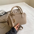 Handwoven khaki Boston bag in premium PU leather with gold hardware and shoulder strap - Khaki