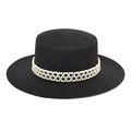 Close-up of black boater hat with woven faux pearl band showing intricate texture - Black
