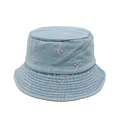 Detail of light blue denim bucket hat with pink bow embroidery and fine stitching - M (56-58cm) / Sky Blue