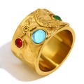 Retro 18K gold plated stainless steel wide ring with embossed star and moon gemstone - US 6 / Gold