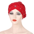 Solid red turban hat with braided cross design and silver beaded accents for women - Red with Silver Beads