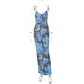 Detail of summer sling dress featuring leopard print and blue floral patchwork pattern - S / Blue/Leopard