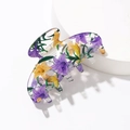Acrylic flower print hair claw clip with purple and yellow floral patterns on white background - Purple Flower Hair Claw - 9cm