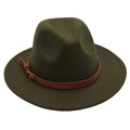 Close-up of dark green wool fedora hat featuring a brown leather belt buckle strap - M (56-58cm) / Army Green (Yellow Rope)