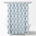 Moroccan quatrefoil print shower curtain in light blue and grey with metal grommets - Starry Green Trellis