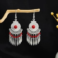 Bohemian silver drop earrings with red stone inlay and hanging tassel accents - Red