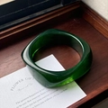 Translucent dark green resin bangle with unique rounded square shape in retro style - Geometric Rhombus / Inner Diameter 65mm / Dark Green