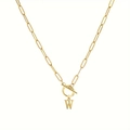 Gold paperclip chain necklace with a T-toggle clasp and letter W pendant - Letter W