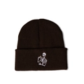 Detail of a dark brown knitted beanie featuring a white skeleton tea drinker embroidery - M (56-58cm) / Coffee