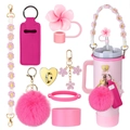 Close-up of pink flower straw cover and daisy woven handle on Stanley cup set - 8-Piece Set 4-Pink Daisy