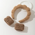 Brown plush cloud headband and wristband set for face washing on white background - Light Coffee Headband And Wristbands Set