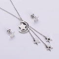 Collana con ciondolo a luna e stella in argento lucido con catena a nappa e orecchini a lobo - Colore acciaio (Set luna cava)