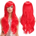 Peluca larga y rizada roja para cosplay con textura ondulada natural en vista frontal y trasera - Rojo