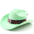 Detail of mint green suede cowboy hat with floral embroidered band and silver concho - M(56-58cm) / Fruit Green