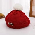 Detail of red knit beret with white pompom and brown woven bow for girls - 2-4 years old / Red
