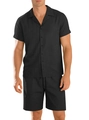 Men's casual button-down shirt and shorts set in black textured vertical stripe fabric - S / Striped Suit / Black