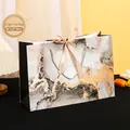 Large black marble textured gift bag with golden foil accents and silk bow tie - Marble Pattern/Gold Ribbon / Large (36*12.5*25cm)
