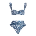 Costume due pezzi con stampa a libellula blu, volant e gonna a vita alta - S / Set Bikini Singolo con Volant