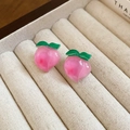 Pendientes dulces con forma de melocotón rosa y hojas verdes en estuche de joyas - Poste de Plata de Ley 925 Estilo de Melocotón Rosa (61#) / Rosa