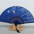 Japanese style blue folding hand fan with cherry blossoms, butterflies and tassel - Blue Ribs Style 34