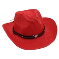 Detail of red straw cowboy hat with metallic bull head emblem and studded leather band - One Size / Red